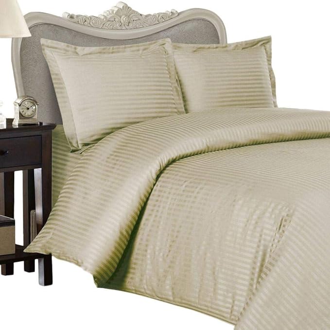 4 Piece Luxurious 1000 Thread Count King Size Siberian Goose Down Comforter Set 100% Egyptian Cotton, Beige Stripe Color, 1000 TC - 750FP - 50Oz.