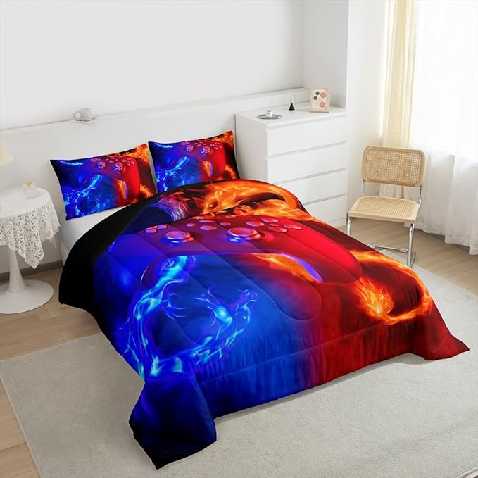 Ice Fire Dragon Comforter Set for Boys Teens Kids Gamer Games Room Decor Bedding Set Blue Red Gaming Gamepad Down Comforter ,Fairy Tale Animals Theme Room Decor 3Pcs Duvet Insert Queen Size,Soft