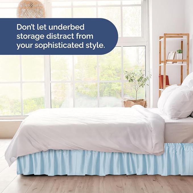 Wrap Around Dust Ruffle Bed Skirt - Light Blue - for Full Size Beds with 24 Inch Drop - Elastic Strap - Adjustable Pleated Bedskirt with Brushed Fabric and Wrinkle Free - for Women, Men, Kids & Teens