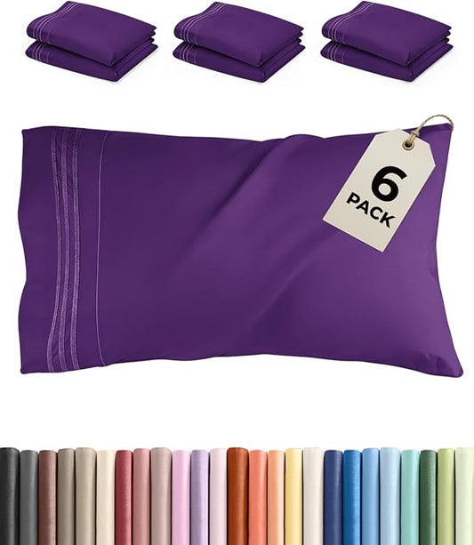 Queen Pillow Cases Set of 6 - Ultra Soft Hotel Quality Pillowcase Covers - Comfy & Wrinkle Free - Shrink, Stain & Fade Resistant - Easy-Care, Machine Washable Pillow Protectors - 6 Piece Set - Purple