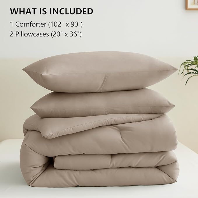 CozyLux King Size Comforter Set Khaki, 3 Pieces Solid Comforters King Size Breathable Quilted Style Bedding Set, Luxury Soft Bed Set with Down Alternative Comforter (1 Comforter & 2 Pillowcases)