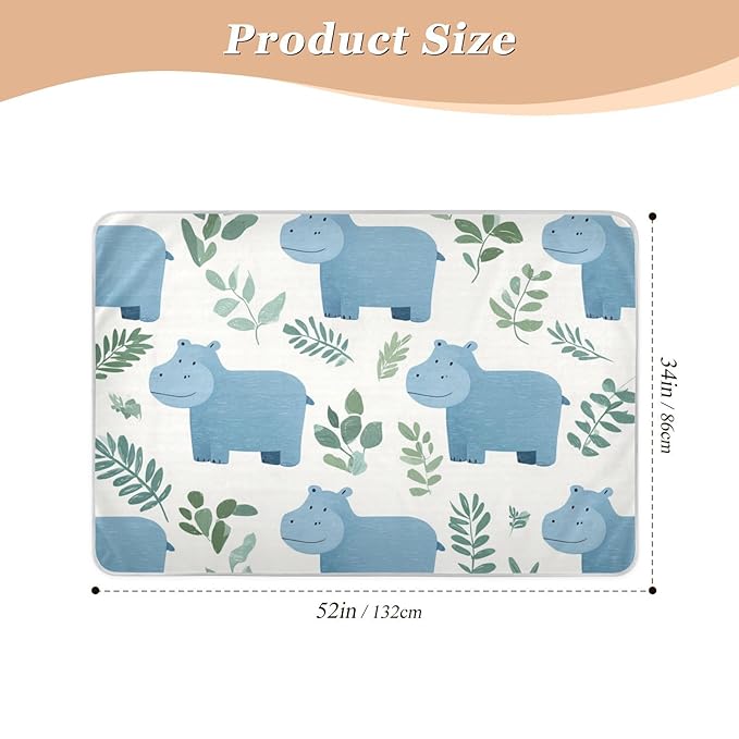 Waterproof Bed Pad Reusable Changing Pad Toddler Mattress Protector Large Pee Pad Baby Diaper Pad Soft Washable Liner Cute Hippo and Green Leaves