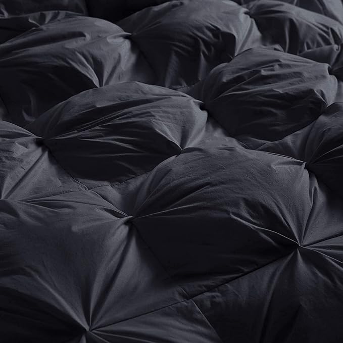 Luxurious All-Season Goose Down Feather Fiber Comforter King Size Duvet Insert, Exquisite Black Pinch Pleat Design, Premium Baffle Box, 100% Egyptian Cotton Cover, 70 oz. Fill Weight, Black