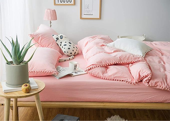 TanNicoor Pom Fringe Duvet Cover Set - 2 Piece Natural Ultra SOFE Color Washed Microfiber Bedding Set, Modern Style Down Comforter Quilt Cover with Zipper Closure(Twin,Peach Pink)