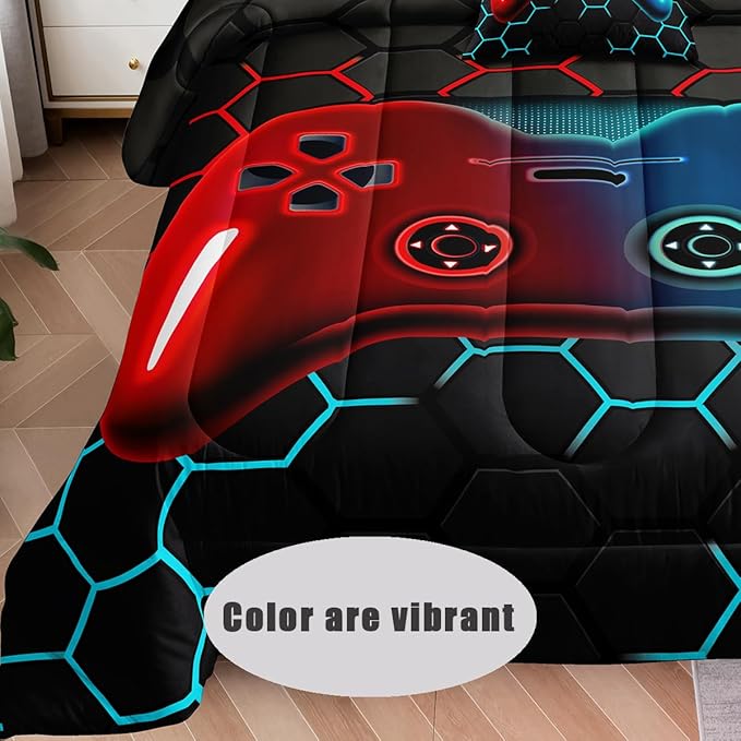 5 Pieces Bed in a Bag for Boys Bedding Sets Twin Size,Gamer Comforter Sets for Boys Kids, Gaming Comforter Set for Teens Room Decor with Flat Sheet,Fitted Sheet,Pillowcase,Cushion Cover