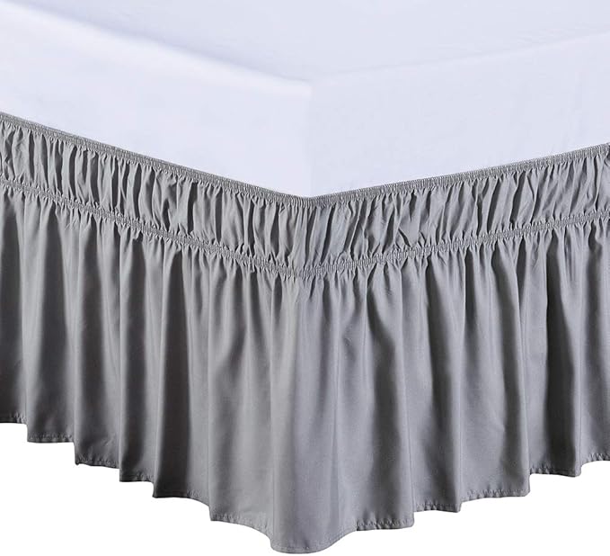 MEILA Wrap Around Bed Skirt Three Fabric Sides Elastic Dust Ruffled 16 Inch Tailored Drop,Easy to Install Fade Resistant-Grey, Queen/King