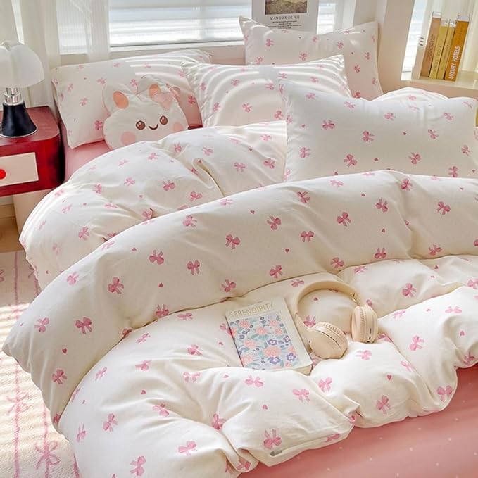 Nayoroom Pink Bow Duvet Cover Full Size Heart Bows Printed Coquette Bedding Set 3 Pcs Kids Girls Cute Comforter Cover with Zipper Closure Soft Breathable Microfiber