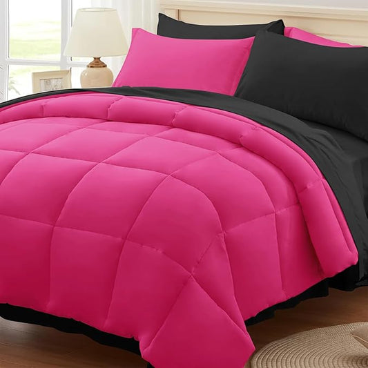 Anluoer Full Comforter Set,Hot Pink&Black Bed in a Bag 7 Piece,Lightweight Bedding Set with Soft Down Alternative Fill,Bed Set Includes Comforter, Fitted Sheet, Flat Sheet,Pillowcases and Shams