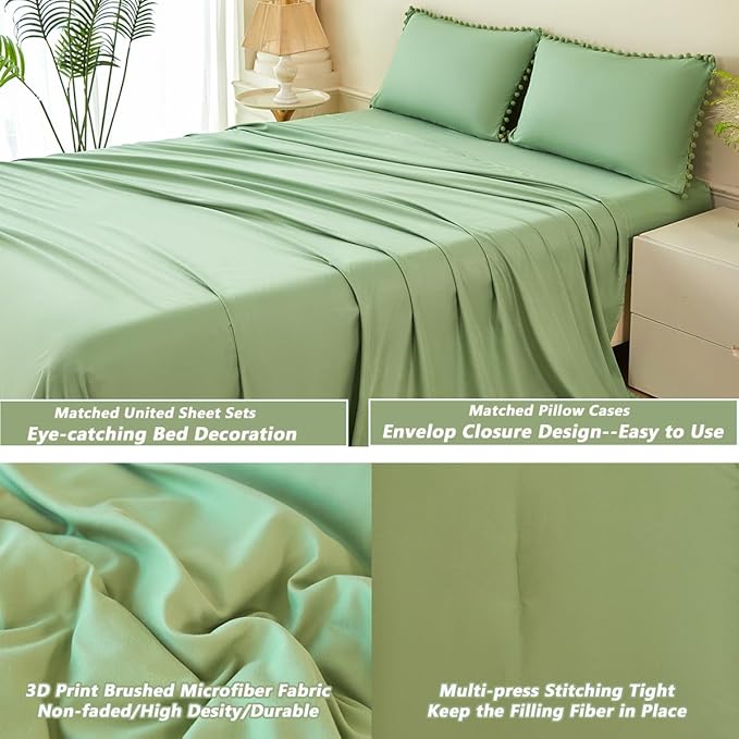 PERFEMET Green Comforter Set Queen Size 5 Pieces Boho Pom Pom Fringe Bedding Comforters for Girls Kids Soft Lightweight All Season Solid Bed in A Bag with Sheets for Bedroom(Green, Queen)