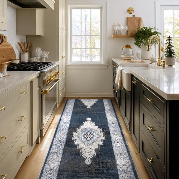 Well Woven Custom Size Runner - Obsidian Midnight Blue Vintage Medallion Rug 27 Inch Wide x 35 Feet Long (27" x 35' Runner) | Heritage-Inspired, Soft, Easy to Clean Rug for Hallway, Stairs, Entry