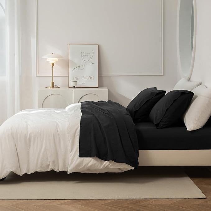 JIYUAN 100% Washed Cotton Sheet Set 4 Pieces Queen,1 Fitted Sheet,1 Flat Sheet and 2 Pillowcases,Comfy and Breathable Linen Like Bedding Set,Black