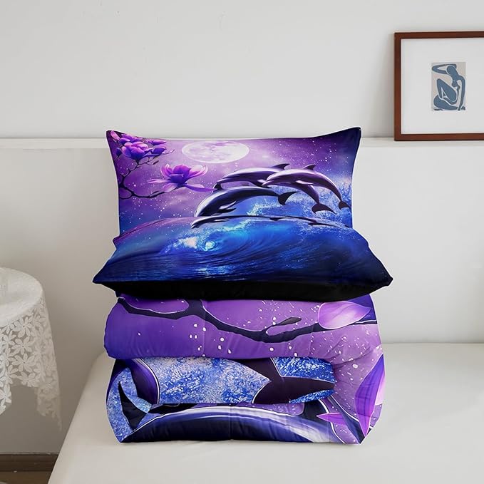 Galaxy Dolphin Bedding Set Twin Coastal Ocean Waves Comforter Set Night Star Moon Cherry Blossoms Comforter For Kids Girls Teens Sea Animal Starry Sky Quilt Duvet Purple Blue Marine Room Decor 2 Pcs