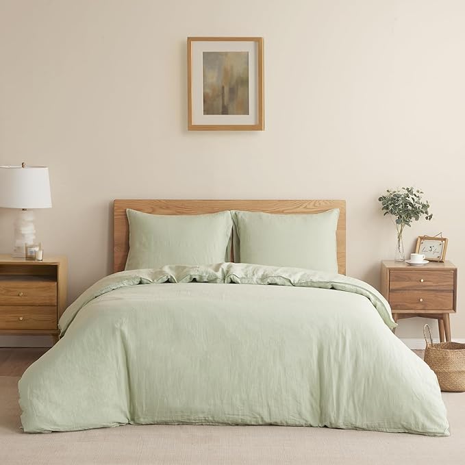 DAPU 100% Linen Duvet Cover Set - Pure Natural French Flax Linen with Corner Ties and Zipper Closure Soft Breathable Durable for Hot Sleepers 1 Duvet Cover 2 Pillowcases (Sage Green, King)