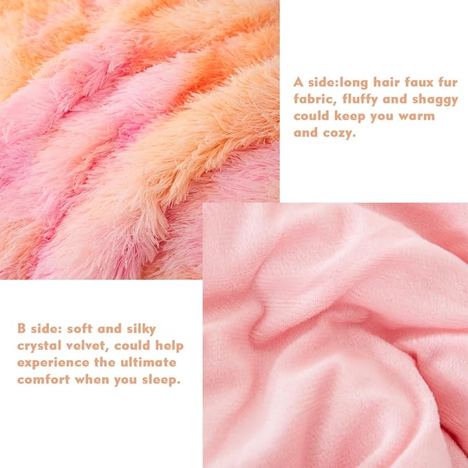 PERFEMET Orange Faux Fur Plush Comforter Set Full Size 3 Pieces Colorful Fluffy Tie Dye Girls Bedding Set Ultra Soft Warm Velvet Furry Fuzzy Bed Comforter(Orange Pink, Full)
