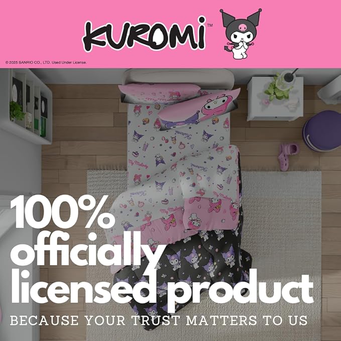 Sanrio Kuromi & My Melody Bedding 5 Piece Super Soft Cozy Reversible Comforter and Sheet Set with Sham, Twin, (Officially Licensed Product) by Franco