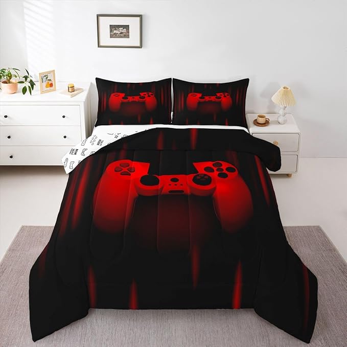 Feelyou Boys Gamer Comforter Set Queen Size Gaming Bedding Set Kids Video Games Comforter for Teen Child Gamer Room Decor Super Soft Red Black Bed Microfiber Game Geometric Duvet Quilted Boy Gift