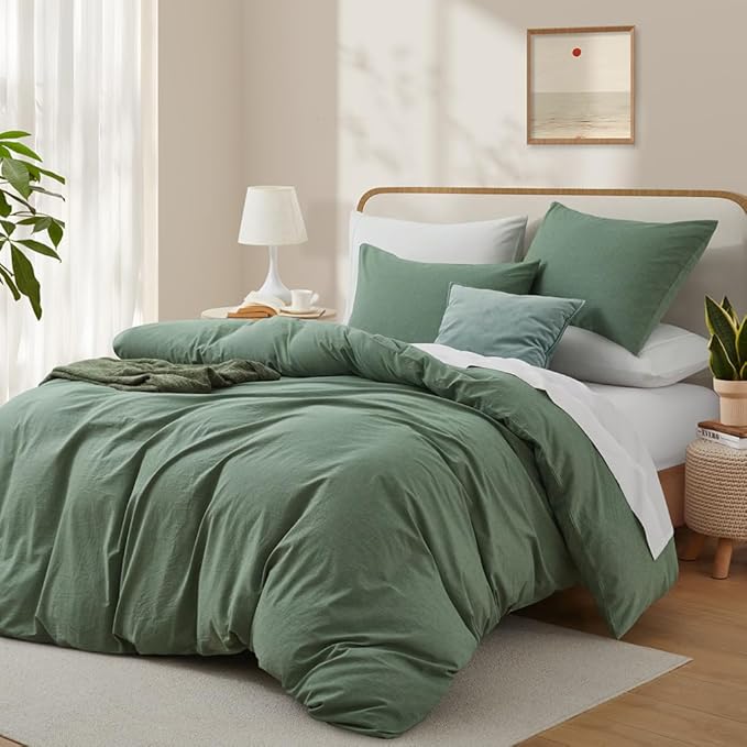 LOVQUE Duvet Cover Full Size, 100% Washed Cotton Linen Like Bedding Set with Zipper Closure (No Comforter), 80x90 Inches, Mint Green