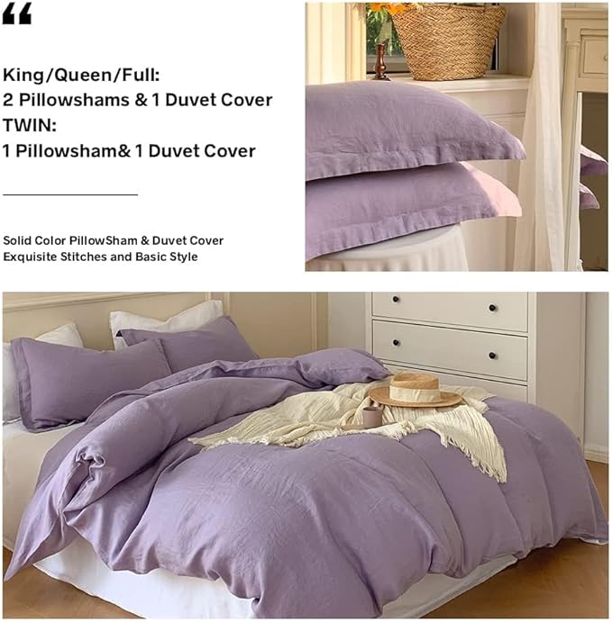 Simple&Opulence 100% Linen Duvet Cover Set, 3 PCS Natural French Flax Lilac Duvet Cover King Size, Breathable Soft Comfy Linen Bedding Comforter Cover with 2 Pillowcases(Lilac, 104"x92")