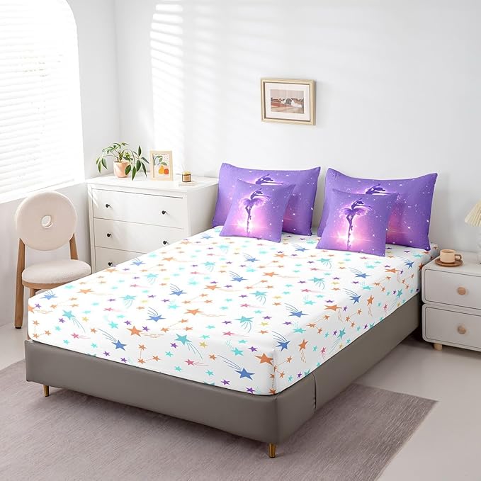 Feelyou Kids Ballet Dancer Bed in A Bag Full Size, Ballerina 7 Pieces Bedding Set Boys Girls Dreamy Princess Comforter Set with Sheets Dancing Teens Bed Set Bedroom Decor 7Pcs