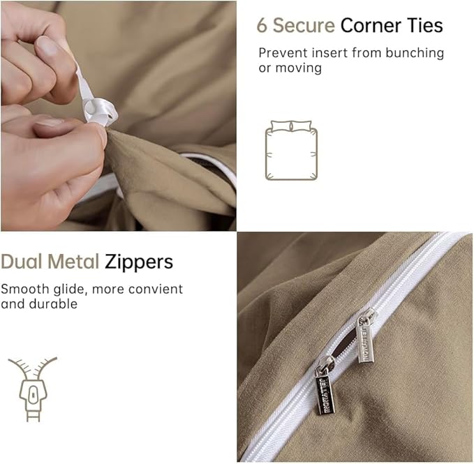 JELLYMONI Khaki Duvet Cover Twin Size - 100% Washed Cotton Linen Feel Textured Comforter Cover, 2 Pieces Breathable Soft Bedding Set with Zipper Closure (Khaki, Twin 68"x90")