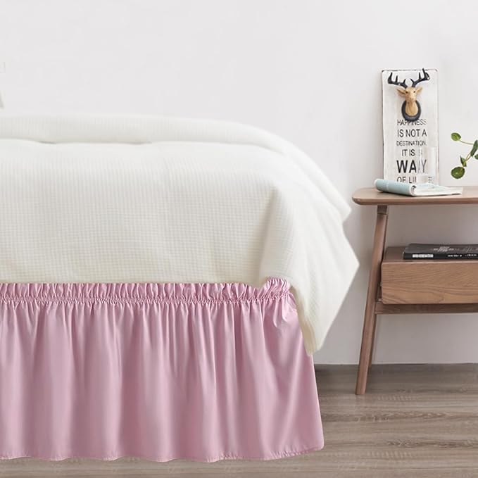 King Bed Skirt, Elastic Wrap Around Bed Skirt King Size, Bed Skirts for Adjustable Bed, Easy Fit with 18" Drop Length Tailored Drop Dust Ruffle (Pink)