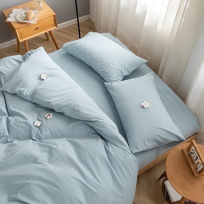 FACE TWO FACE Bedding Duvet Cover Set 3 Pieces 100% Washed Cotton Duvet Cover Linen Like Textured Breathable Durable Soft Comfy (King, Light Blue)