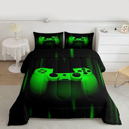 Feelyou Boys Gamer Comforter Set Full Size Bedding Set for Kids Gaming Comforter Green Black Video Games Gamepad Room Decor for Teens Child Super Soft Geometric Duvet Quilted Son Grandson Gift