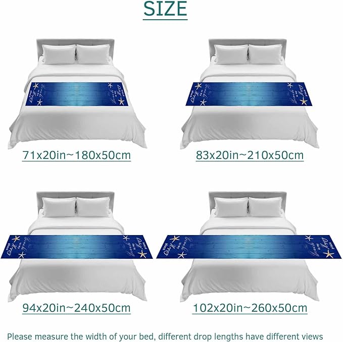 Happy Beach Place Marine Starfish Bed Runners for Bedroom Hotel,Decorative Bedding Scarf Gradient Blue Wood Grain Bed End Blanket Bedding Runner Scarves for Full Size Bed,83x20in