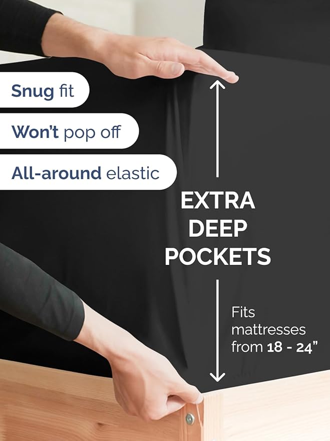 Extra Deep Full Sheet Set - 6 Piece Breathable and Cooling Sheets - Hotel Luxury Bedding for Women, Men, Kids & Teens - Easy & Secure Fit - Soft, Wrinkle Free and Comfy - Extra Deep Pockets - Black