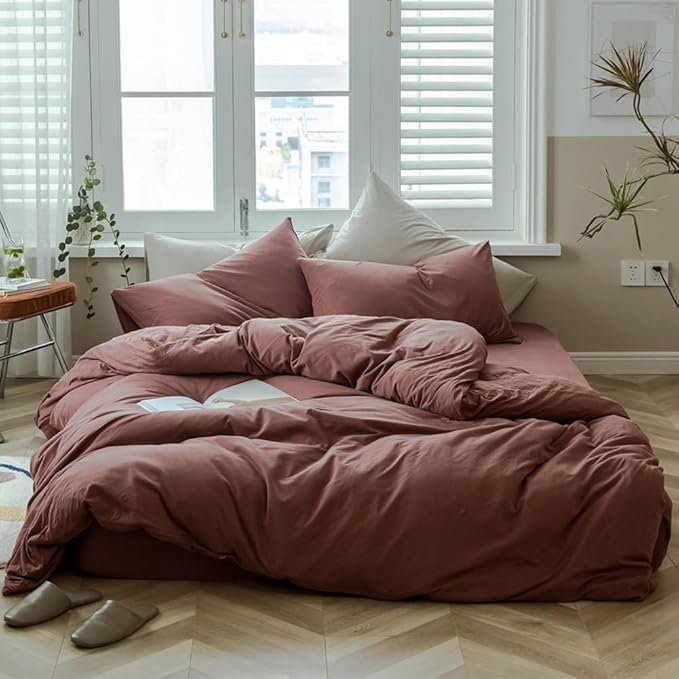 LifeTB Brick Red Duvet Cover King Size Soft Jersey Knit Cotton Bedding Set Minimalist Clay Rust Red Comforter Cover 3 Pieces Solid Color Bedding Set Knitted Cotton Duvet Cover with 2 Pillowcases