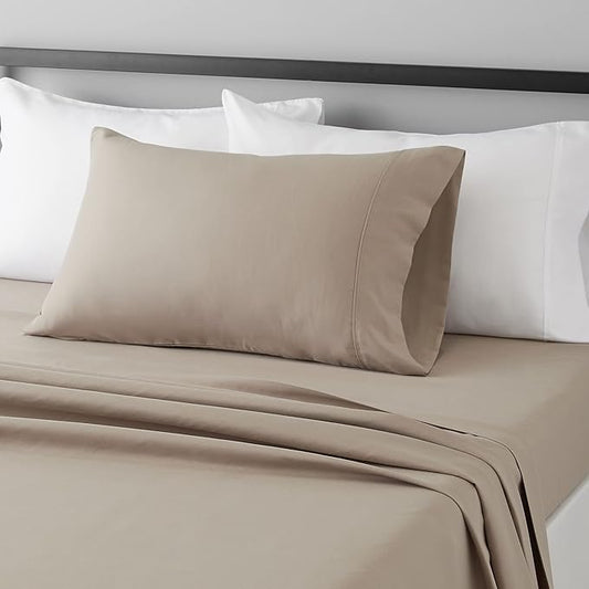 Amazon Basics Lightweight Super Soft Easy Care Wrinkle-Free Breathable Brushed Microfiber 3-Piece Bed Sheet Set with 14-Inch Deep Pockets,Twin,Taupe,Solid,(Pack of 10)
