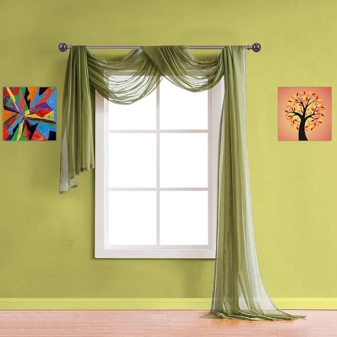 Warm Home Designs Double Window Scarves Bundle. Each White & Green Sage Window Scarf Valance is 55" x 288". Great for Green Room Decor, as Canopy Bed Curtains or Draping Fabric. AS White & Sage 288"