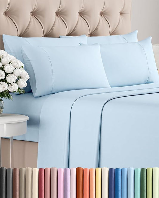 Full 6 Piece Sheet Set - Comfy Breathable & Cooling - Ultra-Soft Hotel Luxury Bedding Set with 8-16 Inch Deep Pockets - 1 Flat & 1 Fitted Sheet & 4 Pillowcases - Wrinkle Free & Easy Care - Baby Blue
