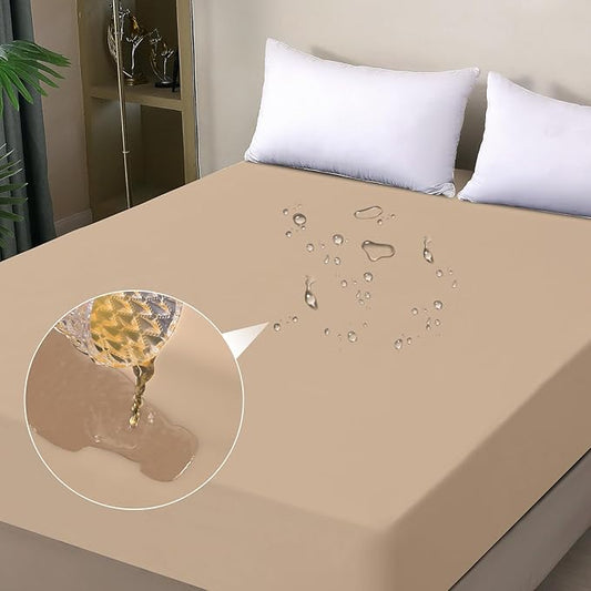 Twin Mattress Protector Waterproof, Fitted Sheet Style Breathable Mattress Cover with Deep Pocket Fits Up to 18'', Noiseless Bed Cover for Kids Adults, Machine Washable (Light Tan, 39'' X 75'')