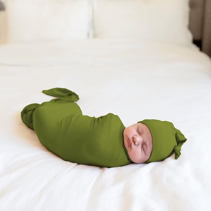 Large Jersey Knitted Swaddle Blanket for Baby, Soft Stretchy Receiving Blanket for Newborns with Hat, Baby Nursery Swaddle 47 x 47 inches(Olive)