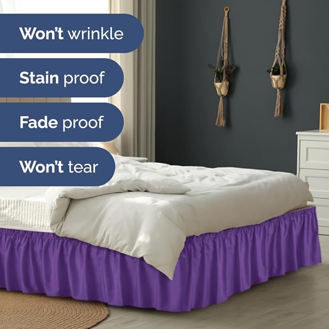 Wrap Around Dust Ruffle Bed Skirt - Purple - for Queen Size Beds with 12 Inch Drop - Easy Fit Elastic Strap - Adjustable Pleated Bedskirt w/Brushed Fabric Wrinkle Free - for Women, Men, Kids & Teens