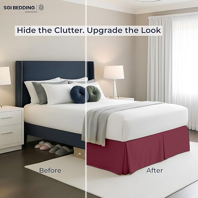 SGI bedding 17 inch Drop Bed Skirt Twin Size - Platform Style with Secure Fit, Classic Tailored Look, Elegant Pleated Style Dust Ruffle, Split Corners, Wrinkle Resistant Microfiber - Burgundy