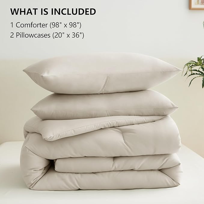 CozyLux Oversized Queen Comforter Set Beige, 3 Pieces 98x98 Solid Breathable Quilted Style Bedding Sets All Season, Luxury Soft Down Alternative Comforter Bed Set (1 Comforter & 2 Pillowcases)
