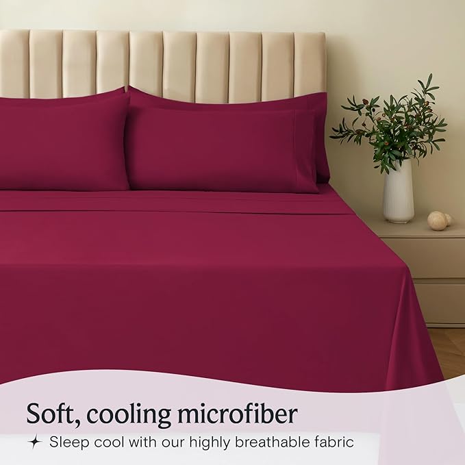 LuxClub Twin XL Sheets - Soft Twin Bed Sheets for-Boys-and-Girls-3 PC Deep Pockets 18" Eco Friendly Wrinkle Free-Kids-Fitted Sheets Machine Washable Hotel Bedding Silky Soft - Burgundy Twin XL