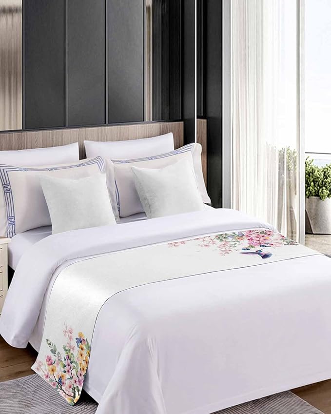 Blossom Floral Hummingbird Bed Runners for Bedroom Hotel,Decorative Bedding Scarf Butterfly Blossom Flower Plant Bed End Blanket Bedding Runner Scarves for Queen Size Bed,94x20in