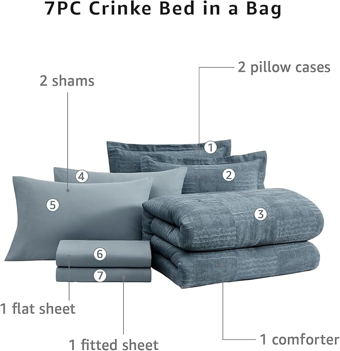 MaiRêve Queen Comforter Set Dusty Blue, Textured Design Crinkle Bedding Sets 7 Pieces, All Season Bed in A Bag with Comforter, Sheets, Pillowcases & Shams