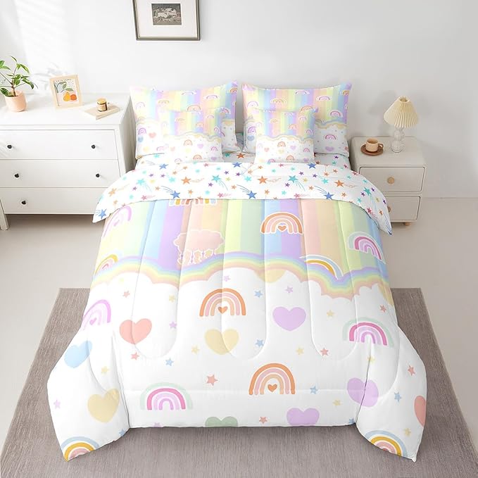 Feelyou Boys Girls Rainbow Comforter Set with Sheets Twin Size, Colorful Stripes Bed in A Bag Geometric 7 Pieces Bedding Sets Kids Modern Art Teens Bed Set Room Decor