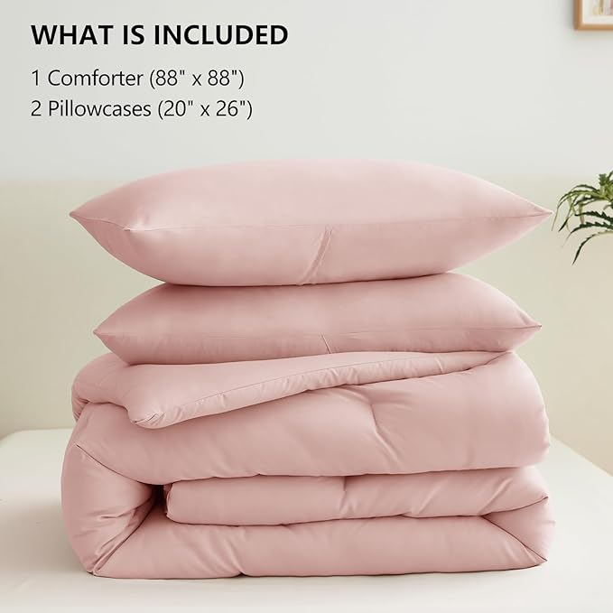 CozyLux Blush Pink Queen Comforter Set for Girls, 3 Pieces Women Solid Breathable Quilted Bedding Sets, Luxury Soft Bed Set with Down Alternative Comforter All Season (1 Comforter & 2 Pillowcases)