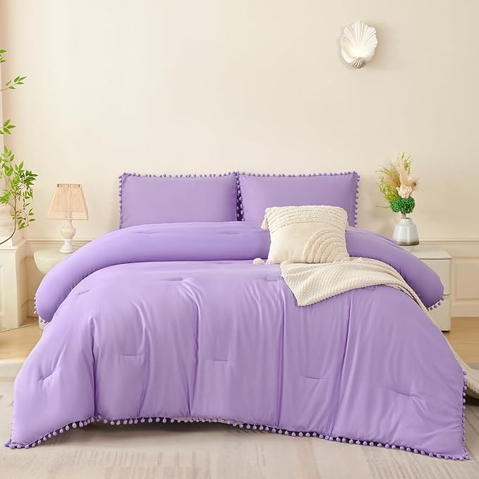 PERFEMET 5 Pieces Queen Bed in a Bag Light Purple Pom Pom Comforter Sets Cozy Fluffy Boho Bedding Set for Girls Soft Microfiber Solid Bedding Comforter Set with Sheets(Light Purple, Queen)
