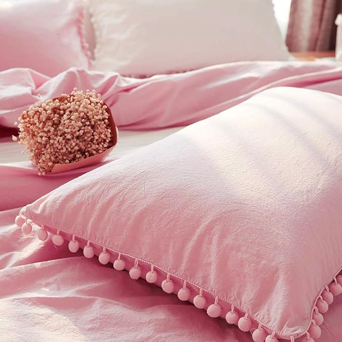 TanNicoor Pom Fringe Duvet Cover Set - 2 Piece Natural Ultra SOFE Color Washed Microfiber Bedding Set, Modern Style Down Comforter Quilt Cover with Zipper Closure(Twin,Peach Pink)
