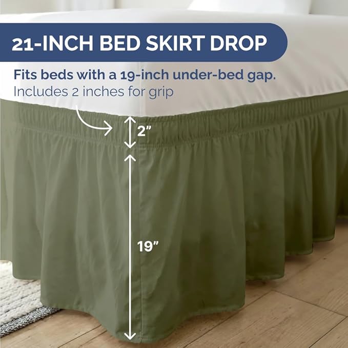 Wrap Around Dust Ruffle Bed Skirt - Sage Green - Twin/Twin XL Size Beds with 21 Inch Drop - Elastic Strap - Adjustable Pleated Bedskirt with Brushed Fabric and Wrinkle Free - Women, Men, Kids & Teens