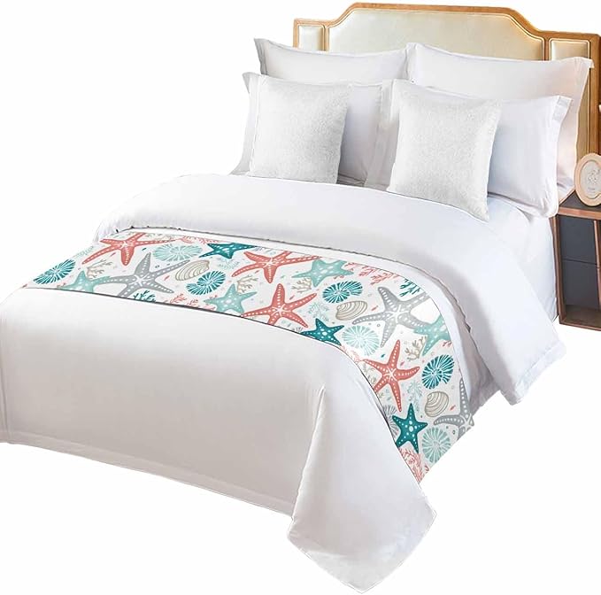 Teal Green Coral Bed Runner for Twin Size Bed, Bedspread Protector Slipcover Bed Scarf for Foot Bed Runners & Scarves for Bedroom Hotel 71x20 Inches Spring Summer Coastal Starfish Beach Nautical Conch