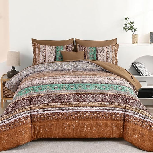 Cottolester Boho Comforter Set Full Size 8 Pieces, Brown Bohemian Striped Bed in a Bag, Paisley Soft Microfiber Bedding Comforter Set