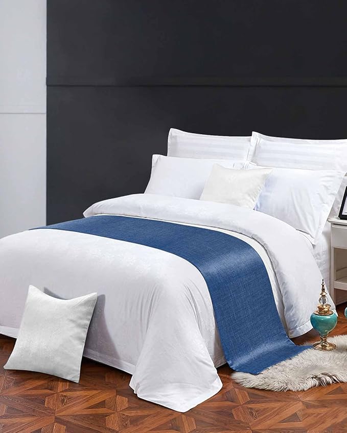 Retro Farm Linen Flax Bed Runners for Bedroom Hotel,Decorative Bedding Scarf Blue Solid Color Ocean Bed End Blanket Bedding Runner Scarves for Full Size Bed,83x20in