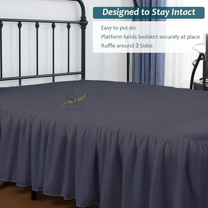 Shreem Linen Ruffled Bed Skirt with Split Corners, Gathered Style, 100% Microfiber, 8-Inch Drop, Dust Ruffle Bedskirt with Platform, Queen, Dark Grey